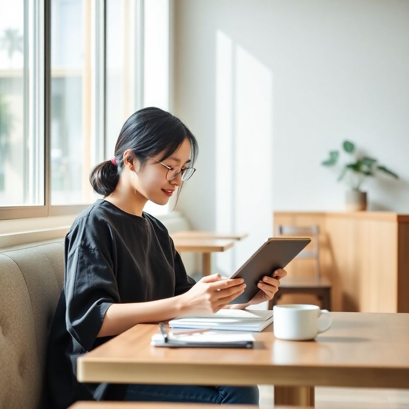 カフェでタブレット学習する受講者