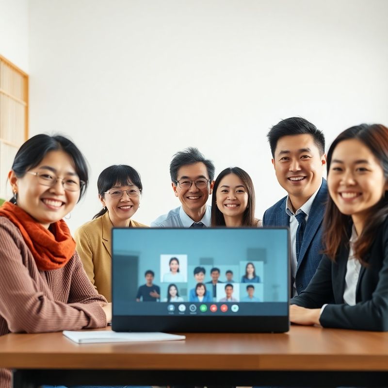 ノートPCの画面越しにビデオ通話する少人数グループ