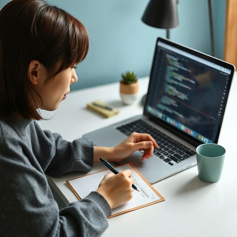 ノートに手書きメモを取りながら学習する様子
